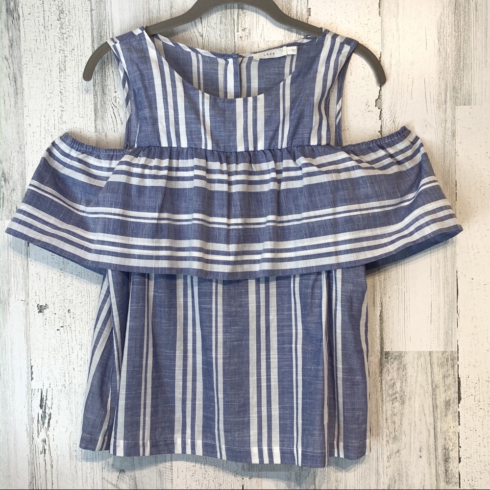 Lush Blue/Wht Cold Shoulder Striped Top Size Lrg - Picture 7 of 8